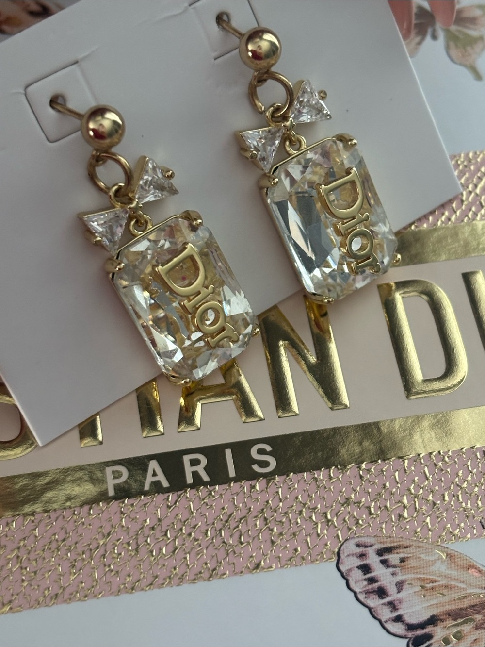 Gold-Tone Crystal Drop Earrings with Bow Accent - Picture 3 of 5